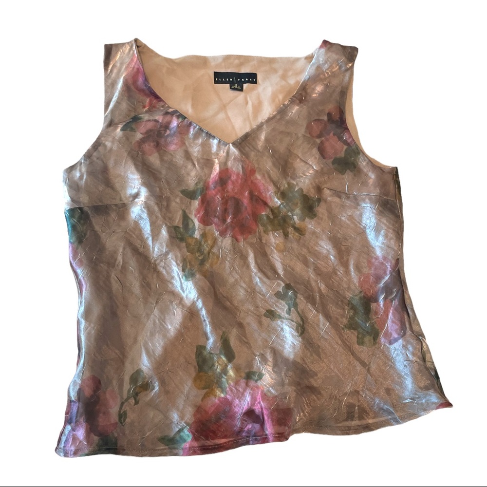 Vintage 90s Y2K Bronze Shimmer Rose Print Sleeveless Top V neck blouse Medium - Picture 4 of 12